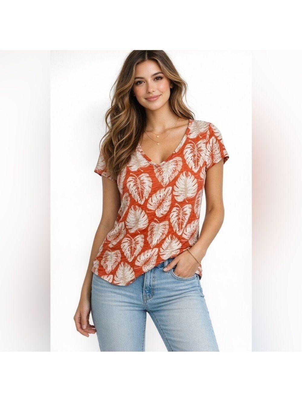 Dept 222 Red Orange Elephant Ear Leaf Print Short Sleeve Tee tropical resort